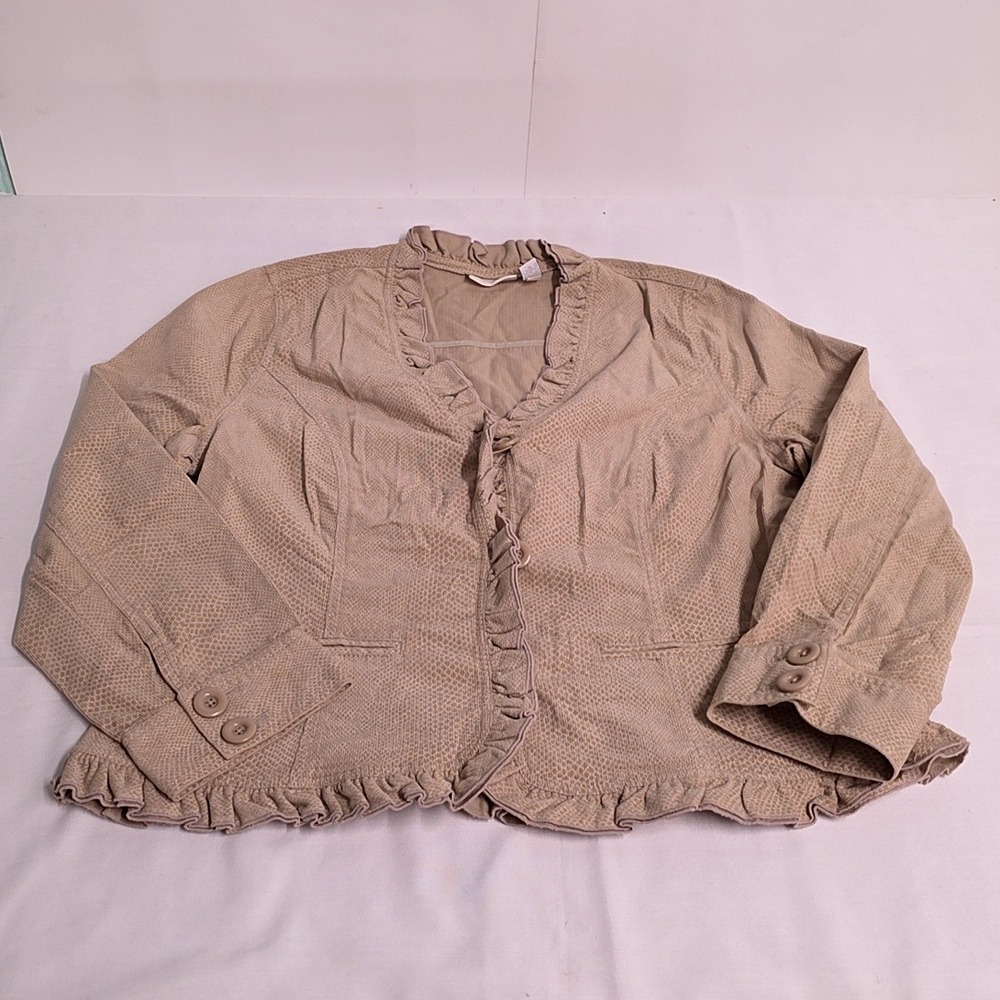 Chicos Jacket Women 2 Large Tan Snakeskin Textured Ruffle Button Front Blazer
